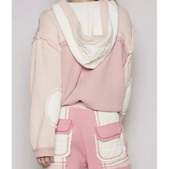 POL Mixed Fabric Hooded Button Down Shacket in Pink/Beige Sz L - Picture 3 of 13